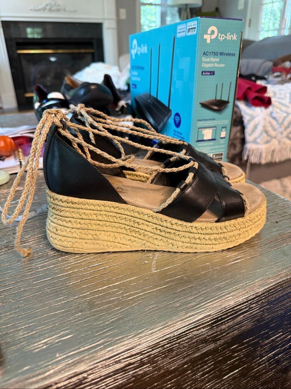 SBICCA of CA Black Leather & Foam Ankle Tie Espadrilles sz 8 EUC